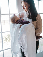 Modern Burlap Organic Cotton Muslin White Fringe Swaddle